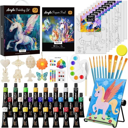 Nicpro 34PCS Kids Acrylic Paint Set with Pattern Canvas, Art Painting Supplies Kit with 12 Paints, 10 Brushes, 6 Canvas Panels, Table Easel, Paper Pad,Color Wheel,Palette for Beginner Student Toddlers in Kuwait