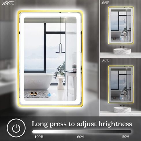 مرآة حمام ذهبية مقاس 30 × 40 بوصة مع أضواء إطار ذهبي مرآة مضاءة للحمام مثبتة على الحائط مرآة LED مضادة للضباب 3 ألوان قابلة للتعتيم للحمام 40 بوصة مرآة مضيئة ذكية مؤطرة بالذهب in Kuwait