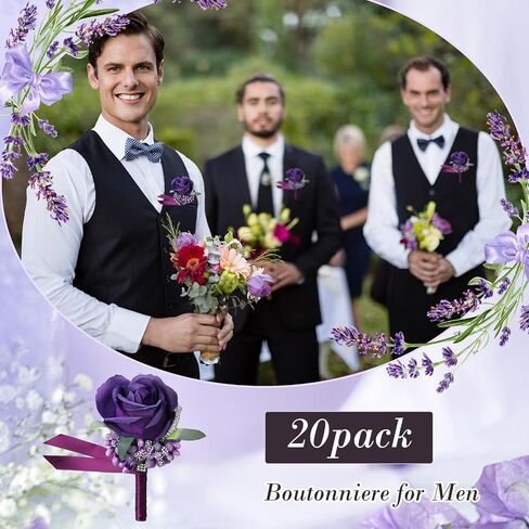 Geosar 20 Pcs Wedding Boutonniere for Men Rose Boutonnieres Wedding Boutonniere with Pin Groom Groomsmen Boutonniere Buttonholes Man Suit Corsage for Vintage Wedding Ceremony Anniversary Dinner in Saudi Arabia