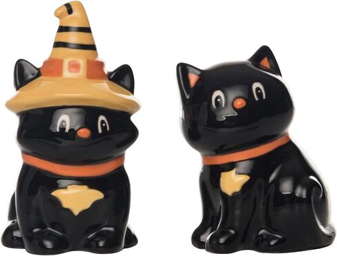One Holiday Way 4-Inch Vintage Halloween Black Cat Ceramic Salt Dispenser & Pepper Shaker Set – Decorative Kitchen Counter Tableware Decoration – Kitty in Witch Hat Figurine Party Tabletop Home Decor in Saudi Arabia