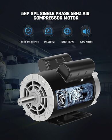 محرك ضاغط الهواء 5 حصان SPL محرك كهربائي، 3450 دورة في الدقيقة، محرك أحادي الطور 230 فولت، إطار 56 هرتز، 7/8 عمود بمفتاح 60 هرتز in Kuwait