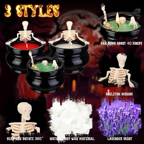 3 Pcs Halloween Skeleton Candle Halloween Decorations, Gothic Skull Candle Long Burning Soy Candle, Vintage Farmhouse Decoration for Home Room Table Indoor Birthday Spooky Gifts, 3 Colors in Saudi Arabia