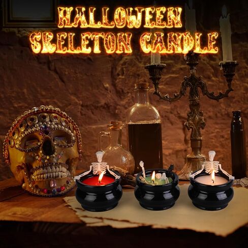 3 Pcs Halloween Skeleton Candle Halloween Decorations, Gothic Skull Candle Long Burning Soy Candle, Vintage Farmhouse Decoration for Home Room Table Indoor Birthday Spooky Gifts, 3 Colors in Saudi Arabia