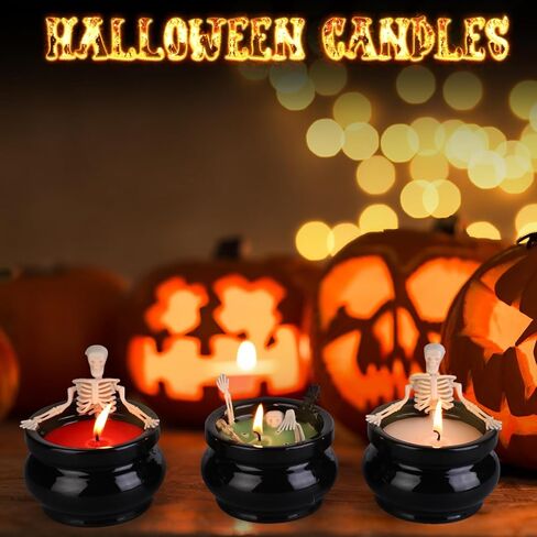 3 Pcs Halloween Skeleton Candle Halloween Decorations, Gothic Skull Candle Long Burning Soy Candle, Vintage Farmhouse Decoration for Home Room Table Indoor Birthday Spooky Gifts, 3 Colors in Saudi Arabia