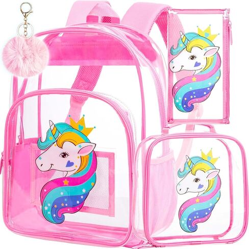 AGSDON 3PCS Clear Backpack for Girls, Kids Unicorn Transparent Bookbag Heavy Duty, Cute See Through Backpacks with Lunch Bag - Pink in Saudi Arabia