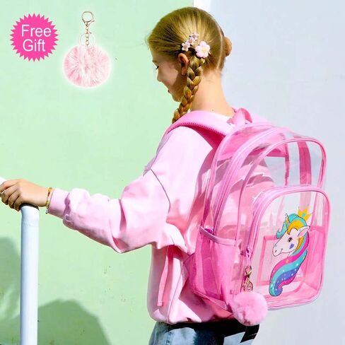 AGSDON 3PCS Clear Backpack for Girls, Kids Unicorn Transparent Bookbag Heavy Duty, Cute See Through Backpacks with Lunch Bag - Pink in Saudi Arabia