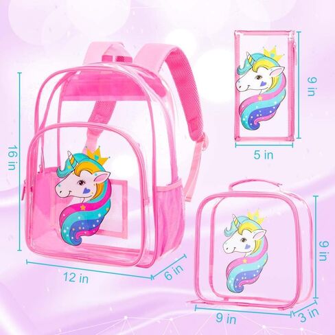 AGSDON 3PCS Clear Backpack for Girls, Kids Unicorn Transparent Bookbag Heavy Duty, Cute See Through Backpacks with Lunch Bag - Pink in Saudi Arabia