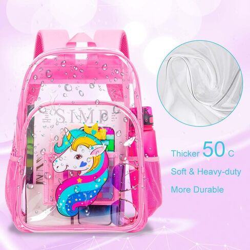AGSDON 3PCS Clear Backpack for Girls, Kids Unicorn Transparent Bookbag Heavy Duty, Cute See Through Backpacks with Lunch Bag - Pink in Saudi Arabia