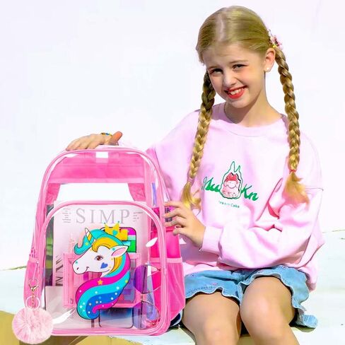 AGSDON 3PCS Clear Backpack for Girls, Kids Unicorn Transparent Bookbag Heavy Duty, Cute See Through Backpacks with Lunch Bag - Pink in Saudi Arabia