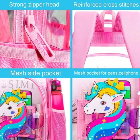 AGSDON 3PCS Clear Backpack for Girls, Kids Unicorn Transparent Bookbag Heavy Duty, Cute See Through Backpacks with Lunch Bag - Pink in Saudi Arabia