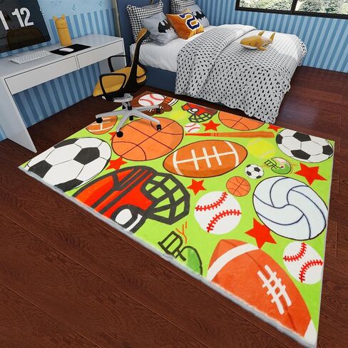 Kid Rug Sport Ball Rugs 3.3 × 5 Ft Fun Play Rug Carpet for Boy Girl Room,TPR Non-Slip Kid Playmat Balls Print with Soccer Basketball Football Tennis Ball Washable Kid Carpet Bedroom Playroom (Blue) in Saudi Arabia