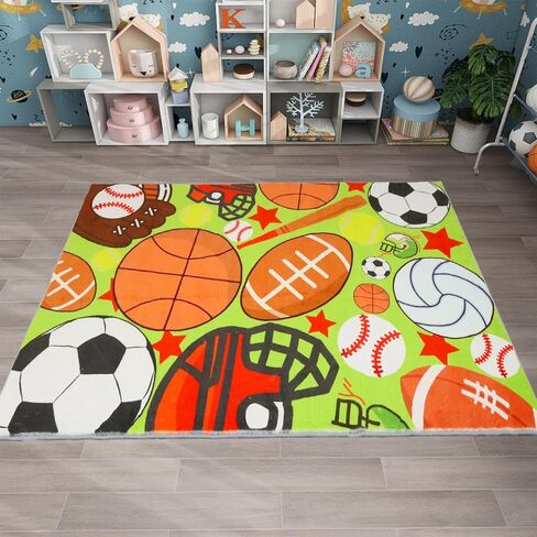 Kid Rug Sport Ball Rugs 3.3 × 5 Ft Fun Play Rug Carpet for Boy Girl Room,TPR Non-Slip Kid Playmat Balls Print with Soccer Basketball Football Tennis Ball Washable Kid Carpet Bedroom Playroom (Blue) in Saudi Arabia