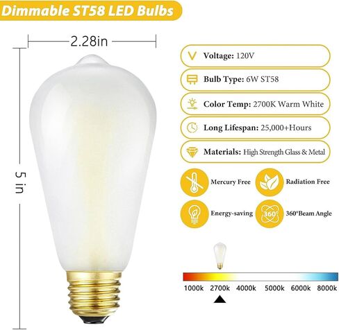 مصابيح إديسون LED متجمدة E26، 6 وات مكافئة 60 وات، أبيض دافئ 2700 ك، 600 لومن، AC120V، ST58 لمبات خيوط LED عتيقة قابلة للتعتيم مع 90+ CRI، حزمة من 6 (6 وات = 60 وات أبيض دافئ) in Saudi Arabia
