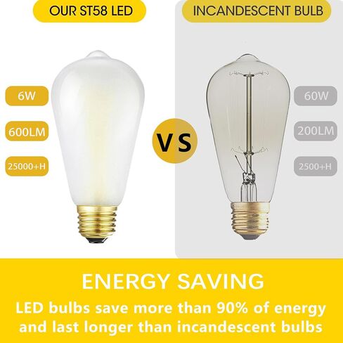 مصابيح إديسون LED متجمدة E26، 6 وات مكافئة 60 وات، أبيض دافئ 2700 ك، 600 لومن، AC120V، ST58 لمبات خيوط LED عتيقة قابلة للتعتيم مع 90+ CRI، حزمة من 6 (6 وات = 60 وات أبيض دافئ) in Saudi Arabia