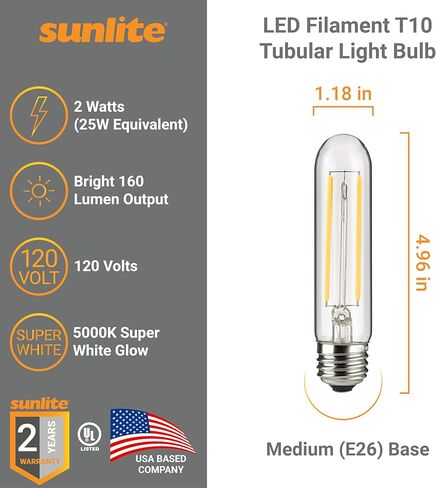 لمبة إضاءة أنبوبية LED بخيوط T10 من Sunlite، 2 واط (ما يعادل 25 وات)، 160 لومن، قاعدة E26 متوسطة، 120 فولت، قابلة للتعتيم، 90 CRI، مدرج في قائمة UL، شفاف، ضوء نهاري 5000 كلفن، حزمة واحدة in Saudi Arabia