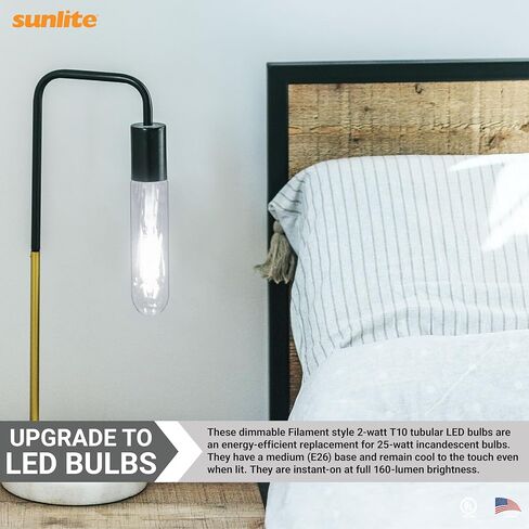 لمبة إضاءة أنبوبية LED بخيوط T10 من Sunlite، 2 واط (ما يعادل 25 وات)، 160 لومن، قاعدة E26 متوسطة، 120 فولت، قابلة للتعتيم، 90 CRI، مدرج في قائمة UL، شفاف، ضوء نهاري 5000 كلفن، حزمة واحدة in Saudi Arabia