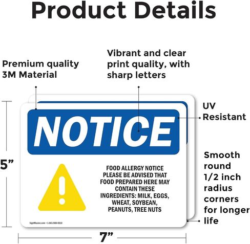 (2 Pack) Food Allergy Notice Please Be Sign With Symbol OSHA Notice Sign 7 Inch X 5 Inch Vinyl Label Decal Sticker Weather Resistant, UV Protected for Workplace, Business, and Construction Site, Made in the USA in Saudi Arabia