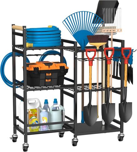 NADAMOO Large Garden Tool Organizer with Rolling Wheel, Heavy Duty 3-tier Metal Shelf Yard Tool Holder, Utility Stand Rack for Garage Organization and Storage, Hold Long-Handled Rakes, Shovel, Broom in Kuwait