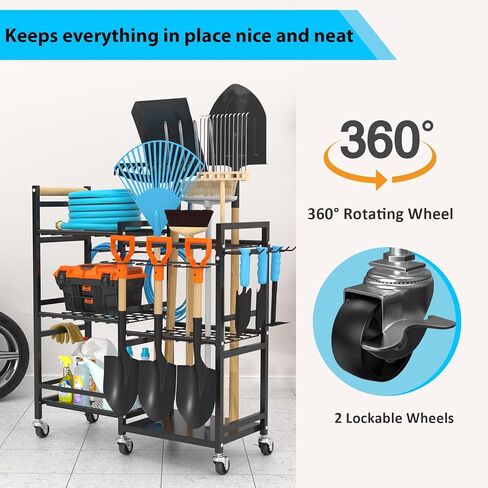 NADAMOO Large Garden Tool Organizer with Rolling Wheel, Heavy Duty 3-tier Metal Shelf Yard Tool Holder, Utility Stand Rack for Garage Organization and Storage, Hold Long-Handled Rakes, Shovel, Broom in Kuwait