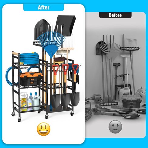 NADAMOO Large Garden Tool Organizer with Rolling Wheel, Heavy Duty 3-tier Metal Shelf Yard Tool Holder, Utility Stand Rack for Garage Organization and Storage, Hold Long-Handled Rakes, Shovel, Broom in Kuwait