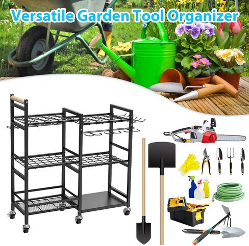 NADAMOO Large Garden Tool Organizer with Rolling Wheel, Heavy Duty 3-tier Metal Shelf Yard Tool Holder, Utility Stand Rack for Garage Organization and Storage, Hold Long-Handled Rakes, Shovel, Broom in Kuwait