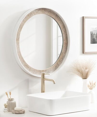 Kate and Laurel Warbrook Rustic Round Wall Mirror, 26 Inch Diameter, Rustic Brown and White, Coastal Circle Mirror with Distressed Frame Detailing and Textured Wooden Inlay in Saudi Arabia