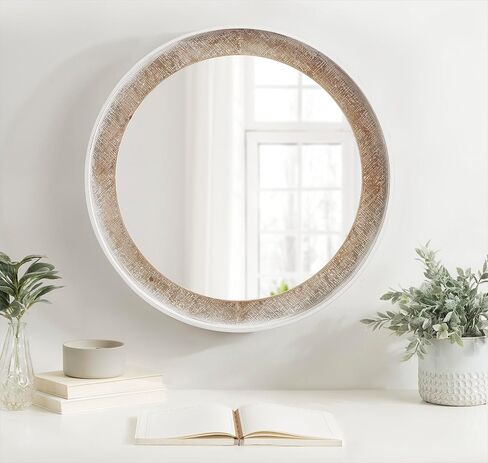 Kate and Laurel Warbrook Rustic Round Wall Mirror, 26 Inch Diameter, Rustic Brown and White, Coastal Circle Mirror with Distressed Frame Detailing and Textured Wooden Inlay in Saudi Arabia