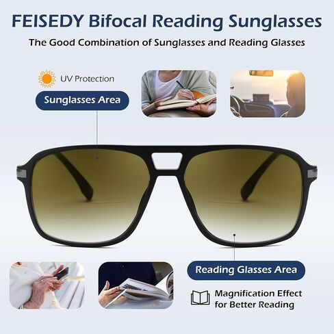 FEISEDY Aviator Bifocal Reading Sunglasses for Men Women Vintage Square Tinted Blue Light Blocking Readers B0181 in Saudi Arabia