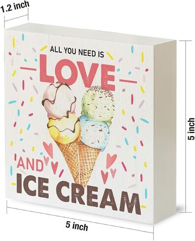 All You Need is Love and Ice Cream Wood Box Sign Rustic Summer Ice Cream Wooden Box Sign Decorative Sign Block Plaque for Home Desk Table Shelf Decor 5"x 5" in Saudi Arabia