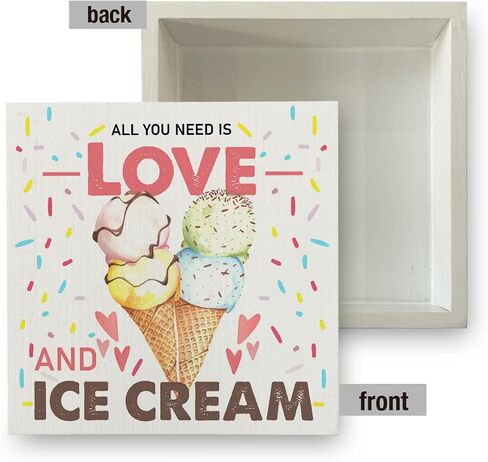 All You Need is Love and Ice Cream Wood Box Sign Rustic Summer Ice Cream Wooden Box Sign Decorative Sign Block Plaque for Home Desk Table Shelf Decor 5"x 5" in Saudi Arabia