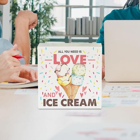All You Need is Love and Ice Cream Wood Box Sign Rustic Summer Ice Cream Wooden Box Sign Decorative Sign Block Plaque for Home Desk Table Shelf Decor 5"x 5" in Saudi Arabia