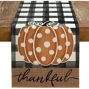 GEEORY Buffalo Plaid Check Fall Table Runner 13x72 Inch, Polka Dots Pumpkins Thankful Farmhouse Table Decoration for Kitchen Dinning, Indoor Outdoor Dinner Party (Orange Pumpkins) GT117-72