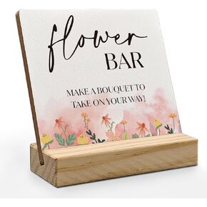 Flower Bar Desk Decor, Flower Bar Sign, Bridal Shower Sign Wood Plaque, Wedding Flowers, Wedding Accessories for Reception Wooden Plaque Sign with Wood Stand for Wedding Reception Table Decor