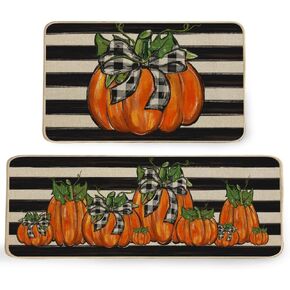 GEEORY Fall Door Mat, 17x29 Inch Pumpkin Stripe Bowknot Door Mats Decorative Thanksgiving Farmhouse Home Floor Rug, Indooor & Outdoor Entrance Decor (Striped) GK058