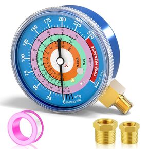 MEANLIN MEASURE Refrigeration Pressure Gauge, 1/8"NPT, 0-800Psi, 2-3/4" Dial, R-404A, R-22, R-410A, Degree F, with 1/8" x 1/4" NPT and 1/8" x 3/8" NPT Hex Bushing, Red Dial, Lower Mount