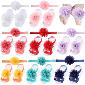 Cinaci 8 Pairs Chiffon Rhinestone Flower Barefoot Sandals with Headbands Accessories for Baby Girls Newborns Infants Toddlers Kids