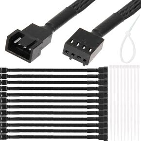 PWM Fan Cable 4 Pin/3 Pin Extension Cord Male to Female PC Fan Power Adapter for Computer ATX Case Cooling Fan, Sleeved Braided Cable, 27cm/10.6inch, 12 PCS
