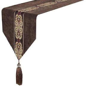 Classic Vintage Table Runner and Dresser Scarf with Tassels Middle Stripe Home Decor, 13 x 70 Inch, Coffee