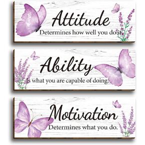 3 Pcs Purple Butterfly Modern Floral Office Wooden Wall Decor, Inspirational Saying Attitude Ability Motivation Quotes Wood Sign Hanging Motivational Wall Plaques for Women Girl Teen Living Room