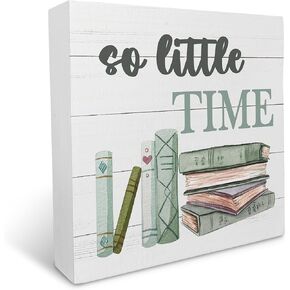 Book Quote So Little Time Wood Box Sign Rustic Farmhouse Style Wood Block Plaque Decor for Home Reading Room Library Classroom Bookshelf Wall Desk Shelf Decoration,Gifts for Book Lovers