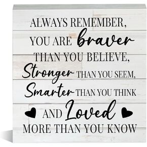 Rusic Motivational Sayings Wooden Box Sign Always Remember You Are Braver Stronger Smarter Loved Wood Block Tabletop Sign Decorative Desk Sign Home Office Shelf Decor 5 X 5 Inches
