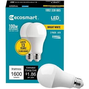 (8-Pack) EcoSmart LED Dimmable 100-Watt Bright White Light Bulb, A19, 1680-Lumen, 3000K, E26 Base