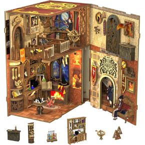 CUTEBEE DIY Book Nook Kit with Dust Cover, DIY Wooden Miniature House Kit Bookshelf Insert Booknook Bookend Stand Bookcase Model Build Creativity Kit Decor Alley with LED Light (Flame Common Room)