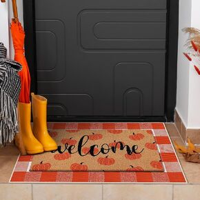 2 Pcs Fall Doormat Pumpkin Welcome Door Mat Autumn Non Slip Outdoor Coir Floor Mat Orange and White Plaid Checked Rug for Indoor Outdoors Decorative Front Porch Entrance Layering Entryway