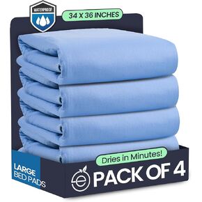 Epicessentials (Pack of 4) Waterproof Incontinence Bed Pads 34 x 36 inches, Quilted Absorbent & Washable Bed Pads for Pets, Adults and Kids, Reusable Underpads (Green/Blue)