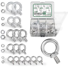 64PCS Eye Bolts with Nuts/Washers Kit, 304 Stainless Steel M10 M8 M6 Eyebolt, Zinc Plated 3/8" 1/4" Shoulder Lifting Ring Eye Bolt, Marine Grade Male Threaded Machinery Shoulder Eyebolts