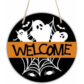 Halloween Black Wooden Decoration-Welcome Sign With Bats,Ghosts,Spiderweb Hanging Decor With A Rope-Indoor Welcome Hanging Sign Plaque-Halloween Round Wall Hanger For Home-A15