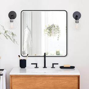 30x30 Inch Black Mirror with Beveled Trim, Copper-Free Mirror, Rounded Corner Aluminum Frame Bathroom Vanity Mirror, Modern Rectangle Wall Mounted Mirror, Horizontal or Vertical