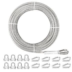 1/4 Stainless Steel Cable, 50ft 1/4 Wire Rope, 7X19 Strands with Stainless Cable Clamps&Thimble, 6400lbs Breaking Strength Aircraft Cable, Steel Cable with Loops for Zipline, Deck Railing