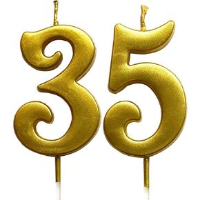 Gold 35th Birthday Numeral Candle, Number 35 Cake Topper Candles Party Decoration for Women or Men